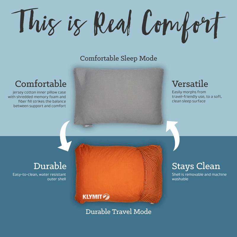 Klymit Drift Camping Pillow, Shredded Memory Foam Travel Pillow with Reversible Cover for Outdoor Use, Orange, Regular - Image 2